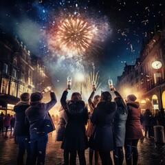Fototapeta premium Colorful Fireworks Illuminate Night Sky in Exciting New Year's Eve Celebration