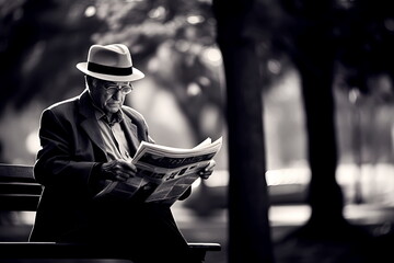 Senior citizen in white hat sitting on park bench and reading newspaper, black and white image - obrazy, fototapety, plakaty