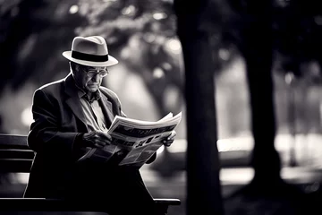Fototapeten Senior citizen in white hat sitting on park bench and reading newspaper, black and white image © Bonsales
