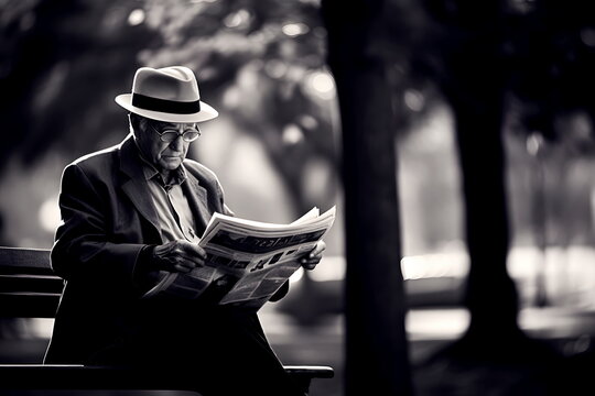 Senior citizen in white hat sitting on park bench and reading newspaper, black and white image