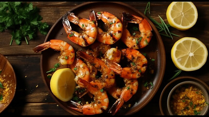 Grilled shrimps or prawns served with lemon, garlic and sauce Seafood.