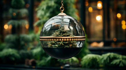Glass transparent Christmas ball with a stylized image of a Christmas tree on a natural background. Christmas decoration on pine branches. Happy New Year. Image for postcards or banners