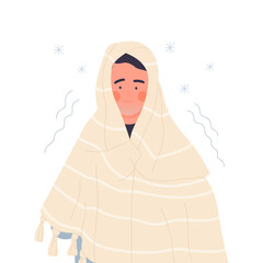 Freezing boy covered with blanket. Boy shivering under snowing weather, hypothermia feeling cartoon vector illustration