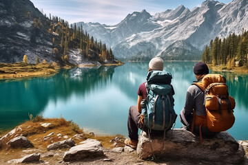 A loving couple of a man and woman sit on a rock and turn their backs on a camera, looking at a  lake surrounded by nature and mountains. Generative AI. - Powered by Adobe