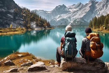 Foto op Plexiglas A loving couple of a man and woman sit on a rock and turn their backs on a camera, looking at a  lake surrounded by nature and mountains. Generative AI. © Surachetsh