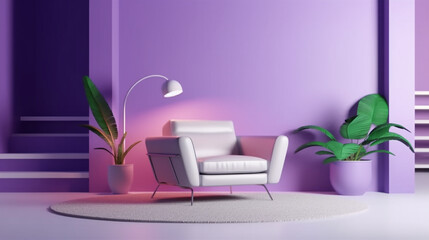 Modern interior of living room ,Ultraviolet home decor concept, gray armchair on purple wall and white floor