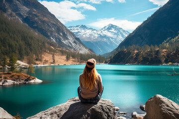 Fototapeta premium A loving couple of a man and woman sit on a rock and turn their backs on a camera, looking at a lake surrounded by nature and mountains. Generative AI.
