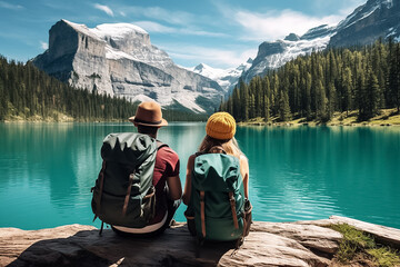 A loving couple of a man and woman sit on a rock and turn their backs on a camera, looking at a  lake surrounded by nature and mountains. Generative AI.