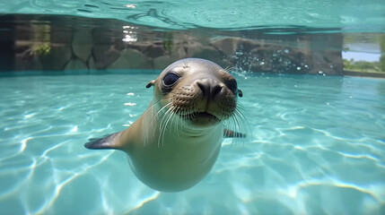 Puppy californian sea lion seal coming to you to have fun and play
