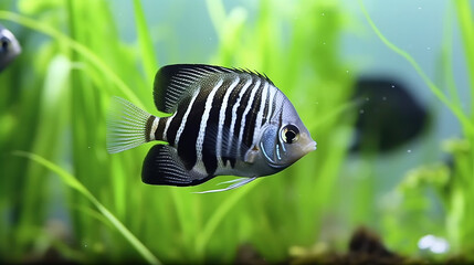portrait of a zebra Angelfish in tank fish with blurred background