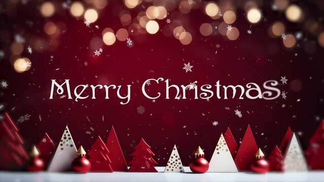 Merry Christmas text animation with falling snow and sparkles on red background. 4K Christmas themed background. Motion design