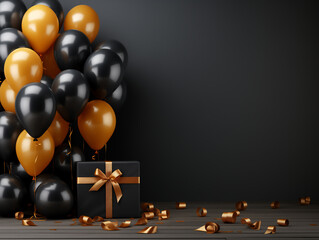 Fototapeta na wymiar Black and orange balloons and gift boxes on background. Generated by AI