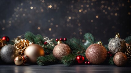 Christmas background with decorations on dark blue background. View with copy space.