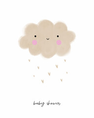 Beige Fluffy Smiling Cloud and Rain of Hearts on a White Background. Cute Simple Baby Shower Vector Card. Crayon Drawing-like Nursery Vector Art with Light Beige Kawaii Style Cloud.Gender Neutral.RGB.