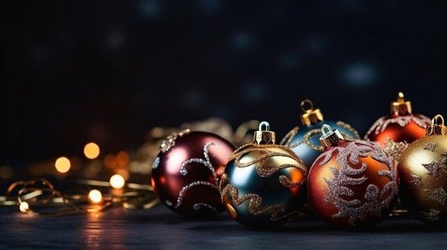 Christmas background with decorations on dark blue background. View with copy space.