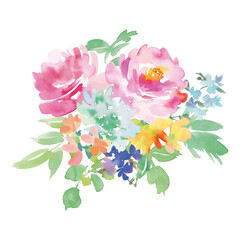 水彩で描いたカラフルな草花のブーケイラスト