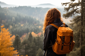 The portrait from behind of a woman wearing a backpack and hat while walking trail in an autumn forest, Generative AI.