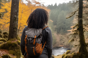 The portrait from behind of a woman wearing a backpack and hat while walking trail in an autumn forest, Generative AI.