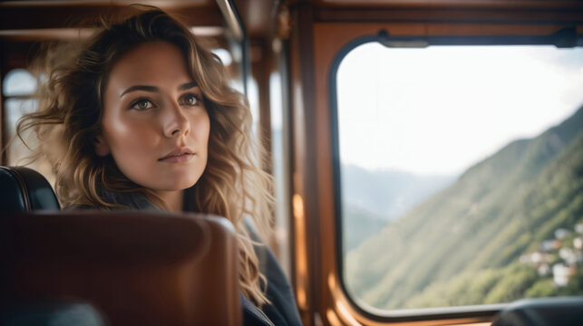 Beautiful Young Woman Looking Out The Window  While Traveling