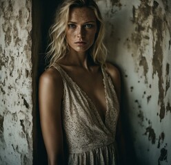 An attractive blonde woman in a beige lace dress, looking at the camera, standing against a textured wall