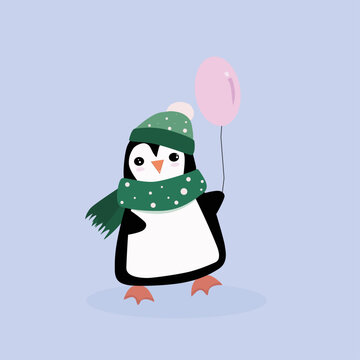  Christmas illustration of a winter penguin with a balloon