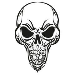 Skull head black and white line art drawing on white background. vector stock illustration eps10. 