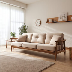 a Scandinavian-style sofa. the color of the sofa seat is beige, the sides are brown.