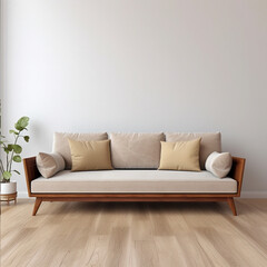 a Scandinavian-style sofa. the color of the sofa seat is beige, the sides are brown.