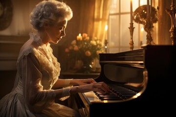 Elegant mature lady playing the piano in a candlelit room.