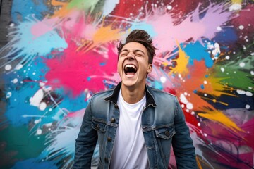 Energetic young man laughing against urban graffiti wall.