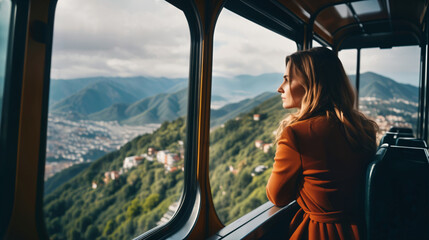 Beautiful young woman looking out the window  while traveling
