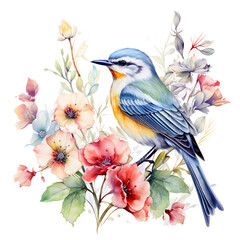 A bird and Flowers watercolor painting. Exquisite flora and fauna, showcasing the intricate details wildlife. vibrant color. Isolated background.