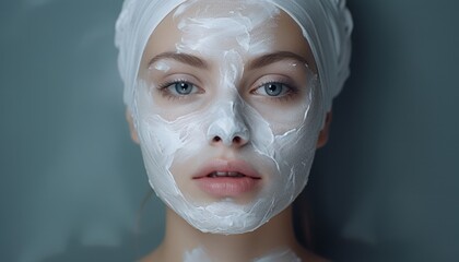 Fototapeta premium Close-up portrait of a woman with a cosmetic mask. Girl with blue eyes isolated on dark blue background.