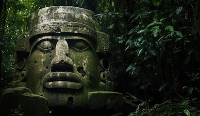 Colossal Olmec Head stone statue. Ancient stone monument in the lush deep jungle forest.  
