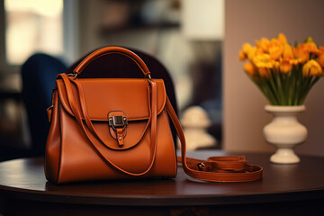 Woman`s brown handbag  on table - obrazy, fototapety, plakaty