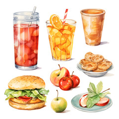 Food watercolor painting. various food and beverage items. Isolated background.