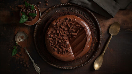 Elegant Chocolate Cake on Dark Wooden Table