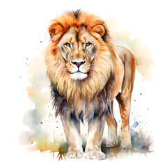 Lion, wildlife watercolor painting, an animal in nature and their natural habitat. vibrant colors. Isolated background