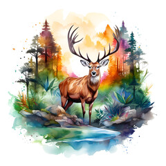 Deer, wildlife watercolor painting, an animal in nature and their natural habitat. vibrant colors. Isolated background