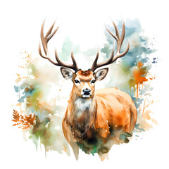 Deer, wildlife watercolor painting, an animal in nature and their natural habitat. vibrant colors. Isolated background
