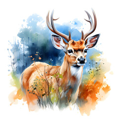 Deer, wildlife watercolor painting, an animal in nature and their natural habitat. vibrant colors. Isolated background