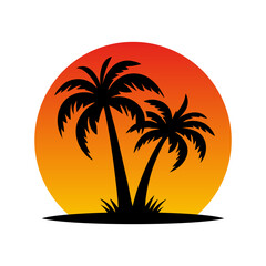 Island palm tree and sun icon. Tropical black silhouette jungle plants. Vector on white background