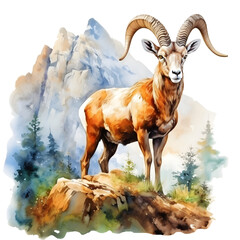 Obraz premium Goat, wildlife watercolor painting, an animal in nature and their natural habitat. vibrant colors. Isolated background