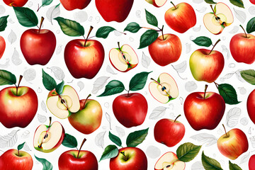There are various drawings of red apples on the packaging. Generative AI.
