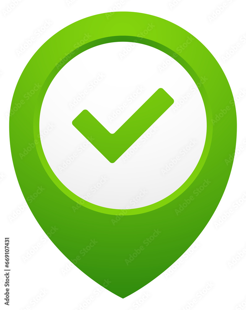 Poster geo pin with check mark. green map pointer