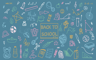 Background of school icons in doodle style. School education. Back to school doodle drawing. Vector illustration