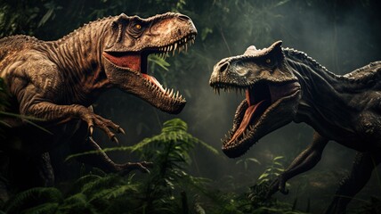 Two dinosaurs battling each other