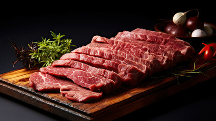 sliced raw beef on a wooden board