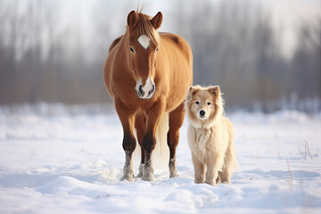 Fototapeta premium In a snowy winter landscape, a cute brown horse and a fluffy whi