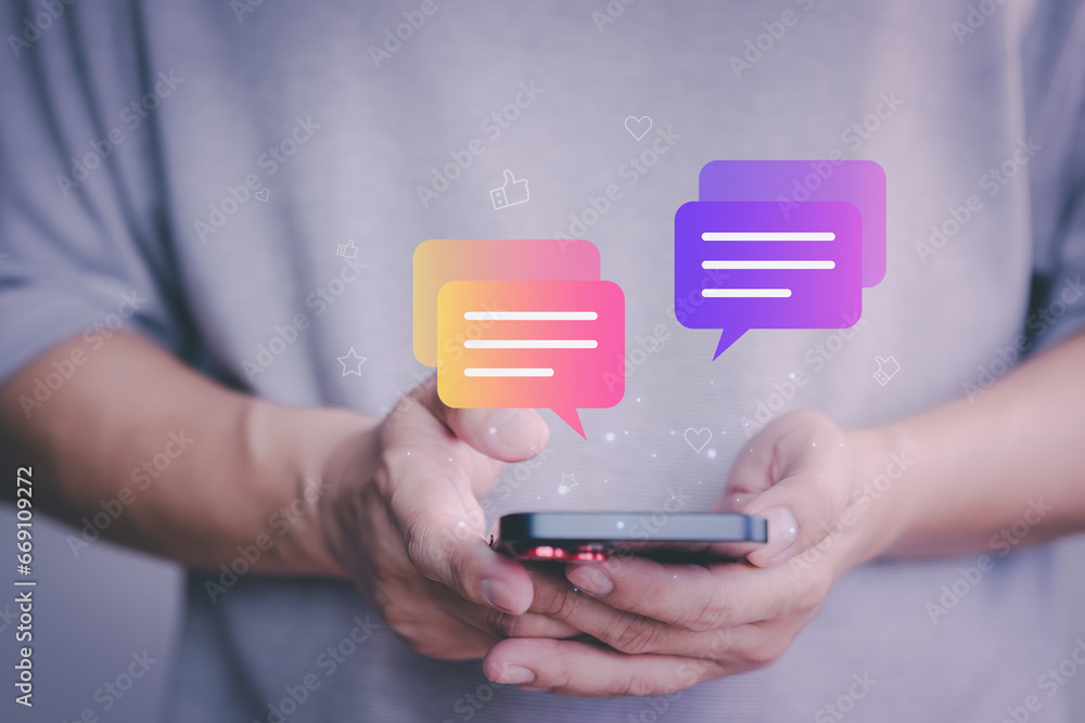Poster social media application chat box. young man using a smartphone with social media, typing live chat 